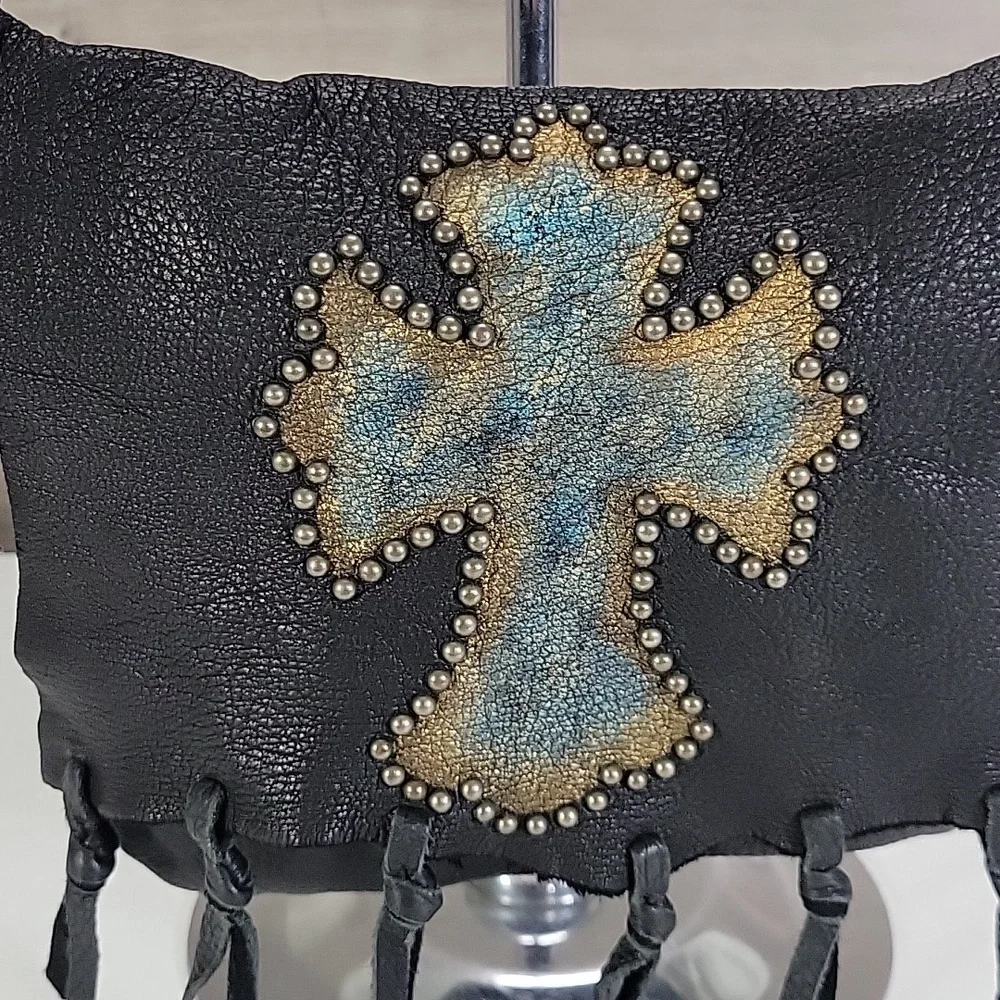 Patricia Wolf Black Studded Leather Crossbody Bag with Turquoise Cross Accent